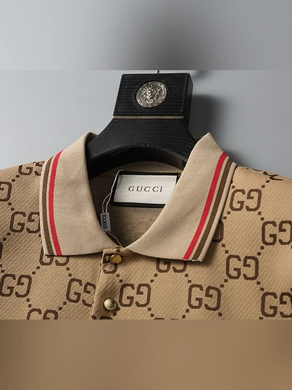 Gucci Beige GG Monogram Polo with Red-Trim Collar